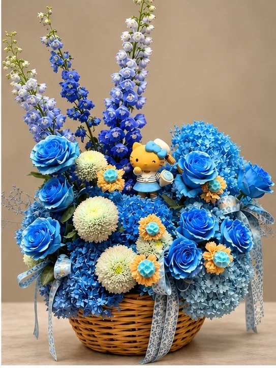 Blue tinted roses in a creative arrangement