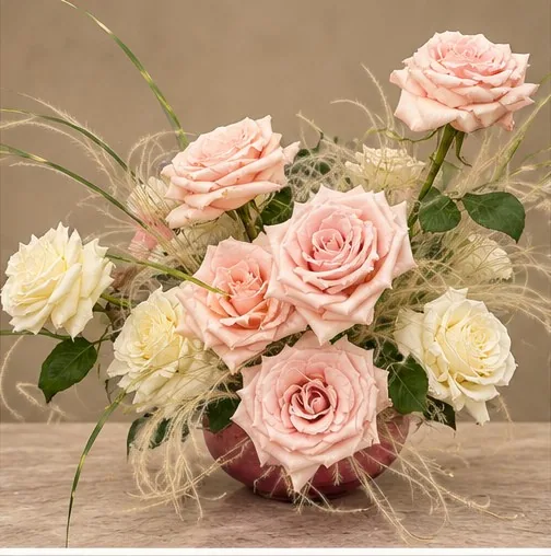 Soft pink roses in a floral composition