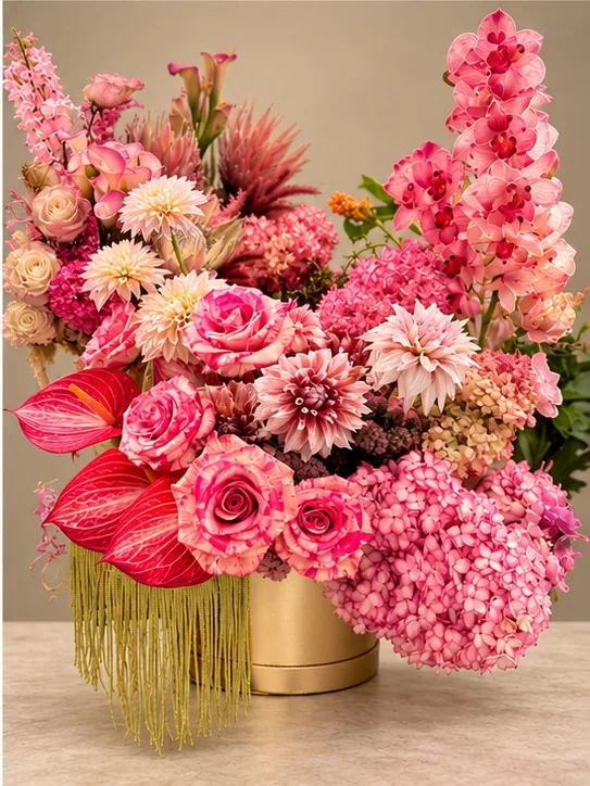 Expressive roses and seasonal flowers in a sculptural arrangement